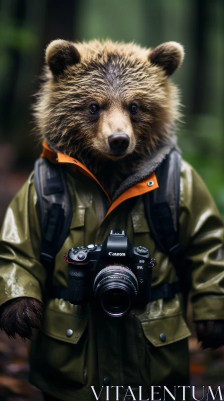 Adventure Portraiture: Bear with Camera in Wilderness AI Image