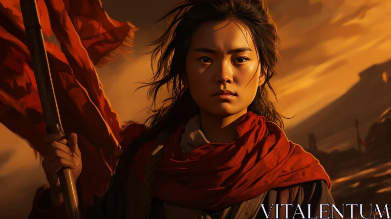 Asian Woman Holding Red Flag in Field with Ruined City Background AI Image