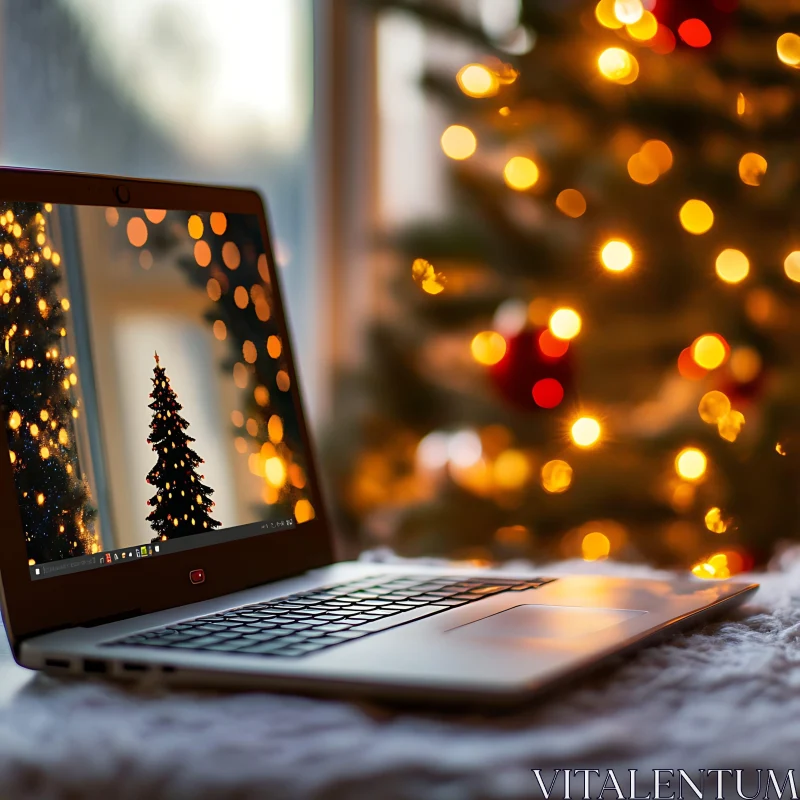 Festive Laptop Setup with Christmas Tree Background AI Image