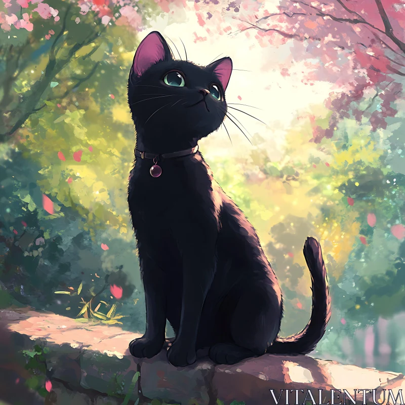 Black Cat in Blossoming Forest AI Image