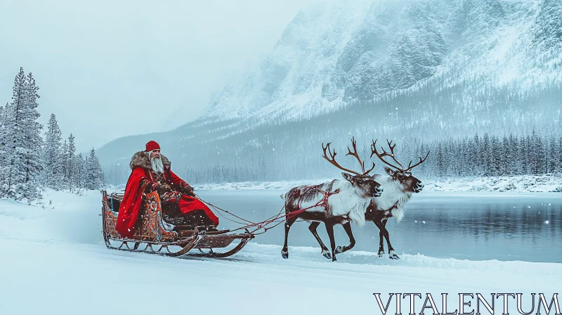 Festive Santa in Red Sleigh Pulled by Reindeer in Winter Wonderland AI Image