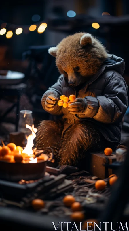 Bear Enjoys Oranges by Firelight in Surreal, Frostpunk Scene AI Image
