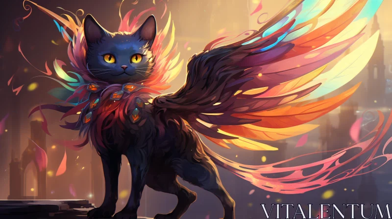 Enchanting Black Cat with Colorful Wings AI Image