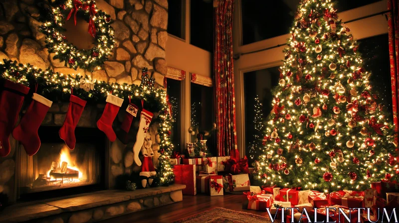 AI ART Festive Holiday Living Room with Christmas Tree and Gifts