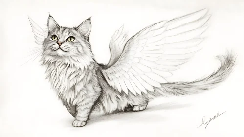 Angelic Cat Drawing with Detailed Wings