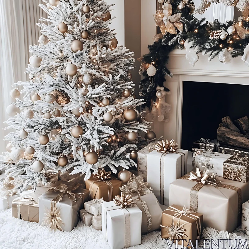 Festive Christmas Scene with Decorated Tree and Wrapped Presents AI Image