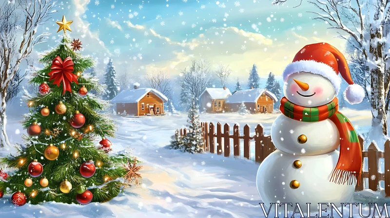 Cheerful Snowman Beside a Christmas Tree in Winter Wonderland AI Image