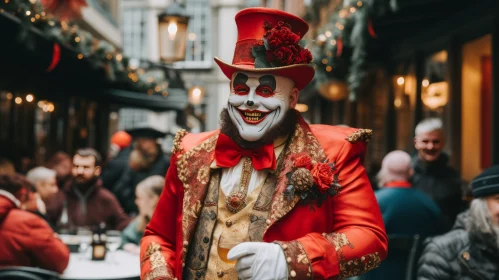 Captivating Street Decor: A Person in a Red Costume with Clown Makeup