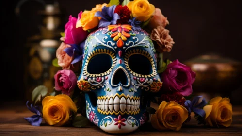 Colorful Sugar Skull with Flowers: A Blend of Mexican and American Cultures