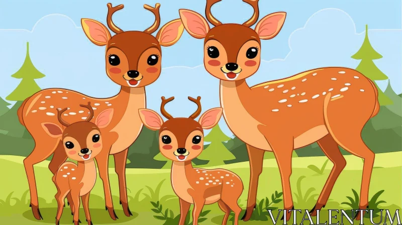Deer Family Cartoon in Green Field AI Image