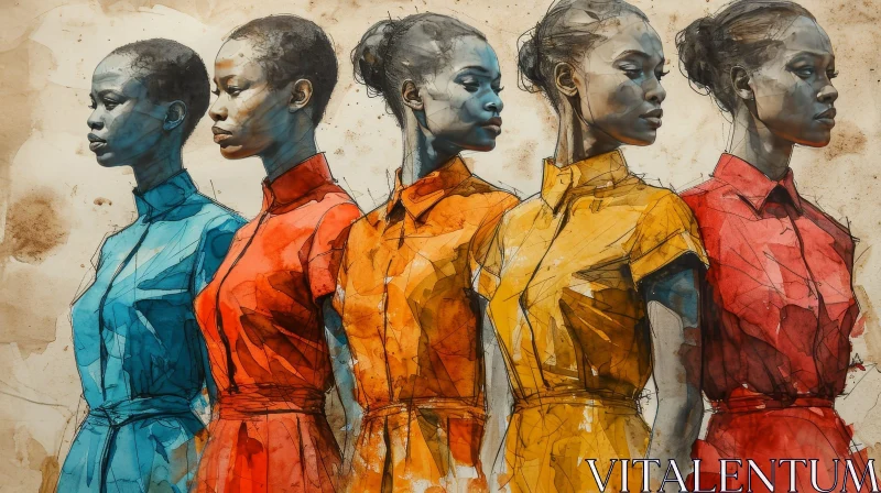Digital Painting of Five Black Women in Profile | Colorful Dresses | Dreamy Atmosphere AI Image