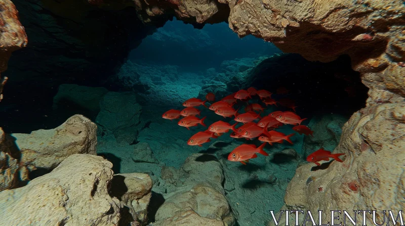 Enchanting Underwater Scene: Red Fish Swimming in a Mysterious Cave AI Image