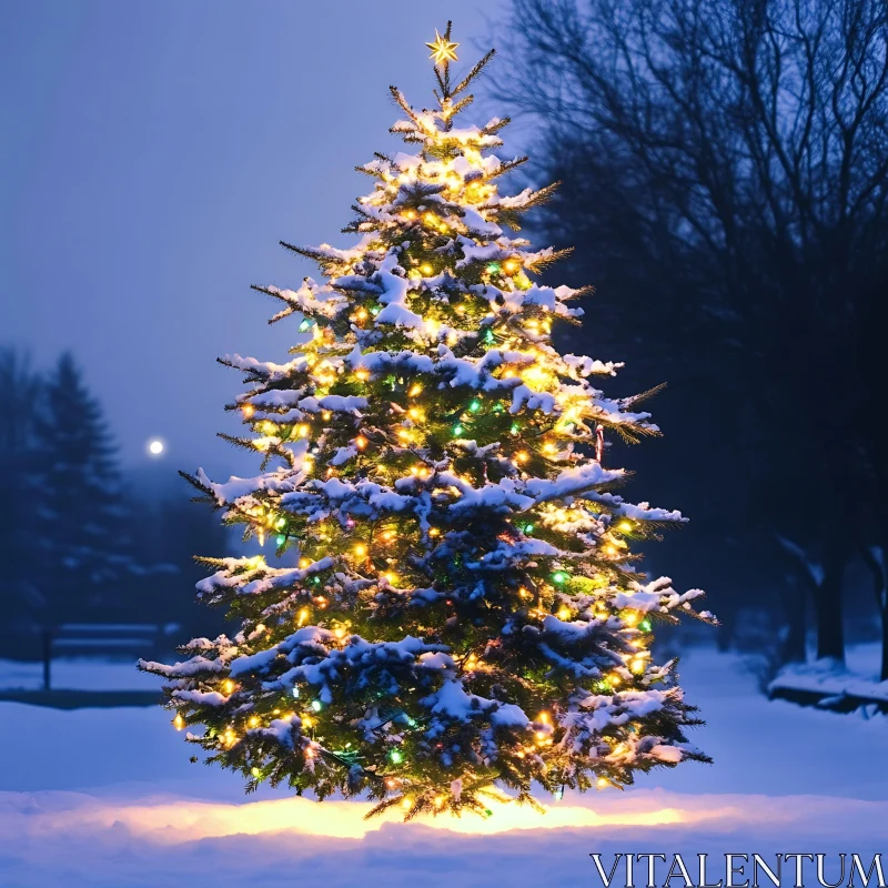 Festive Christmas Tree with Lights in a Snowy Setting AI Image