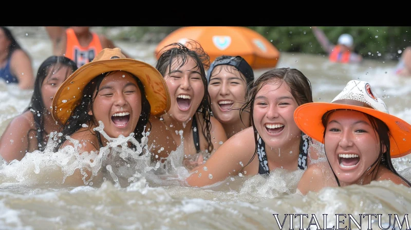 AI ART Joyful River Play: Five Young Women in Summer Happiness