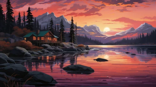 Lakeside Cabin at Sunset: A Contemporary Canadian Mural Painting