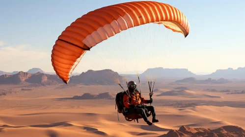 Paraglider Soaring Over Desert Landscape