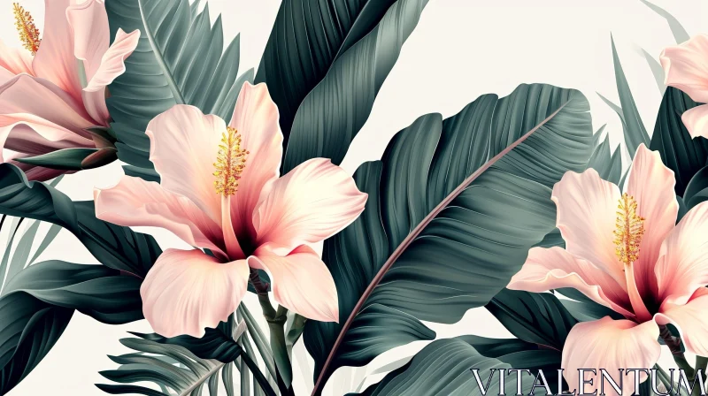 Pink Hibiscus Flowers and Green Banana Leaves Illustration AI Image