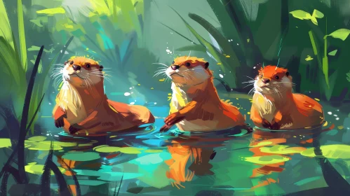 Playful Otters in Clear Pond | Nature Scene