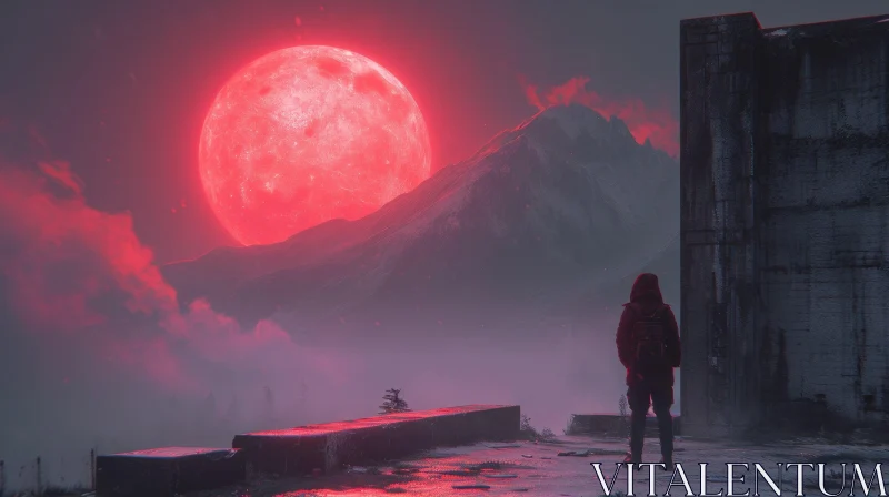 Red Moon and Snow Mountain: A Captivating Nature Scene AI Image