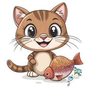 Adorable Tabby Cat Holding a Colorful Fish Cartoon