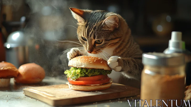 Tabby Cat and Burger in Warm Kitchen Setting AI Image