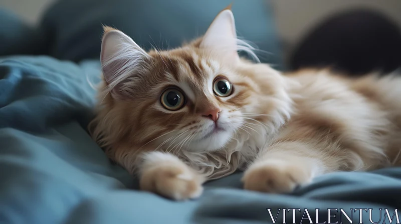 Curious Ginger Cat Relaxing on Soft Blue Blanket AI Image