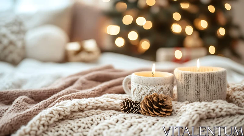 Warm Christmas Decor with Candles and Pinecones AI Image