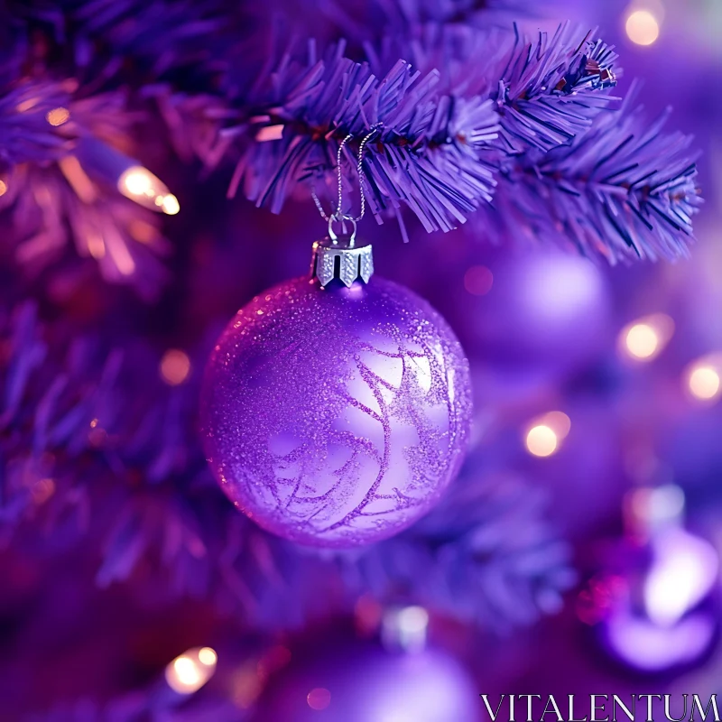 Glittering Purple Bauble on Festive Christmas Tree AI Image