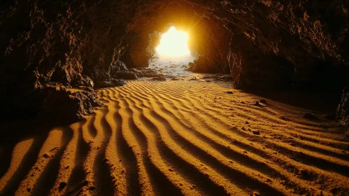 Sunlit Cave with Wavy Sand and Shadows