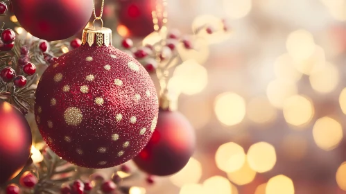 Red Ornament with Golden Dots and Bokeh Lights