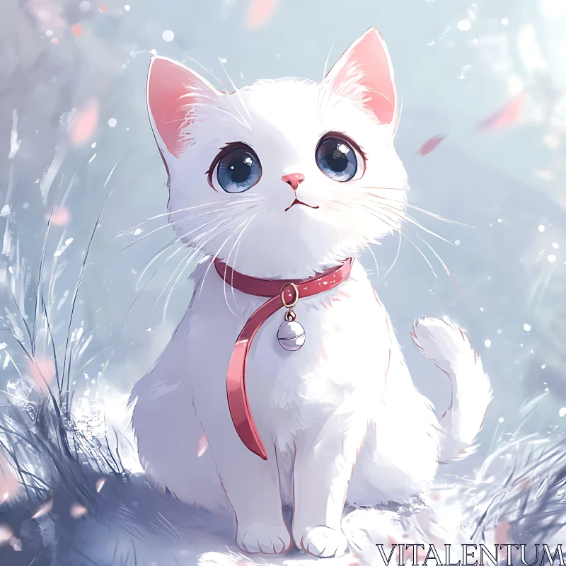 Cute Anime White Cat with Pink Collar AI Image