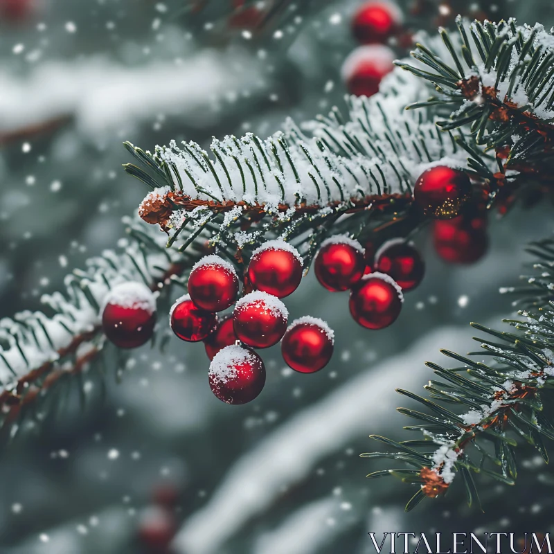 Winter Pine Branch with Snow and Berries AI Image