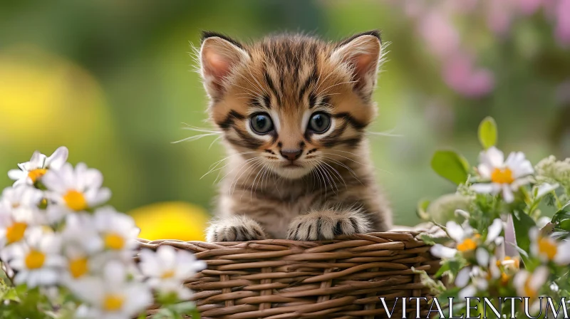 Cute Kitten in a Spring Garden Basket AI Image