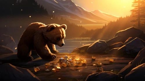 Bear's Golden Adventure: A Luminous Landscape Illustration