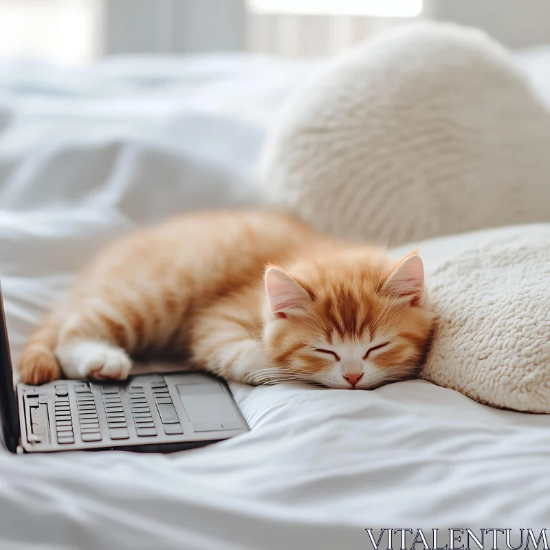 Cute Sleeping Kitten with Laptop AI Image