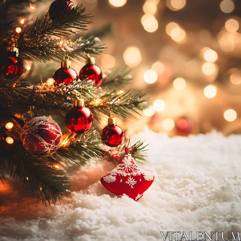 Festive Christmas Tree with Ornaments and Snow AI Image