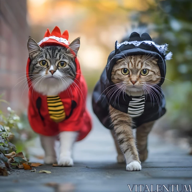 Cats Dressed Up for Halloween on a Stone Path AI Image