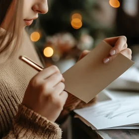 Warm and Serene Image of a Woman Handwriting on a Card