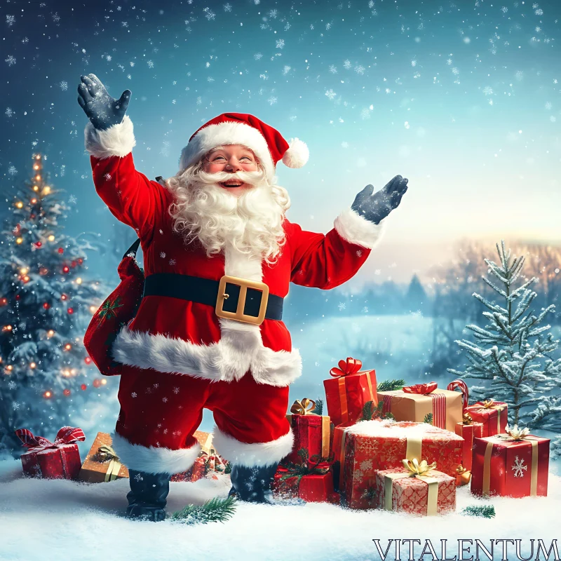 Santa Claus Celebrating in Winter Wonderland AI Image