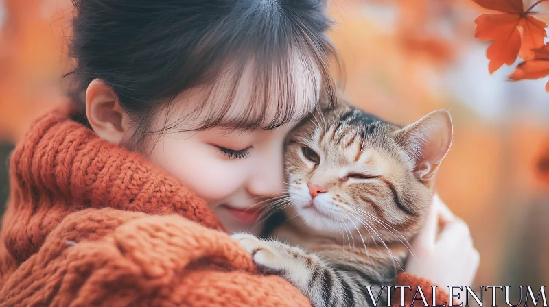 Tender Moment in Autumn with Cat and Woman AI Image