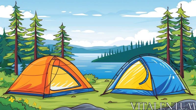 Camping Tents in Forest Near Lake Illustration AI Image