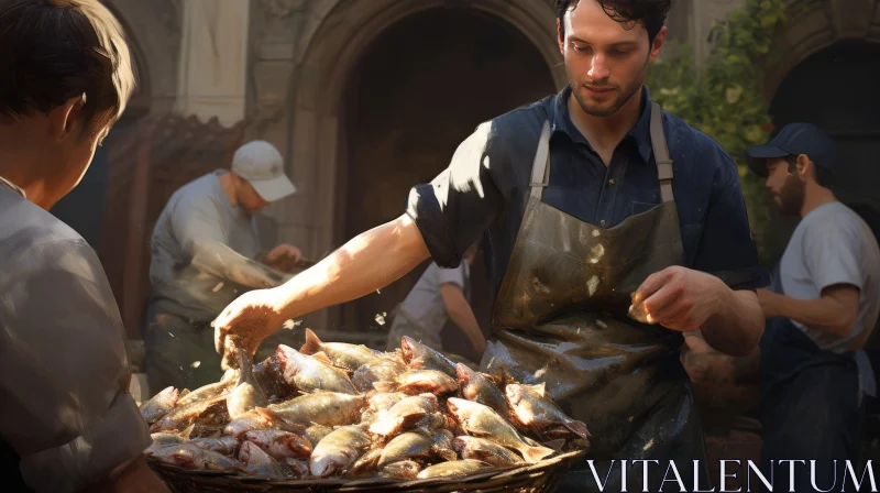 Captivating Fish Market Scene: An Aproned Man's Skillful Preparation AI Image