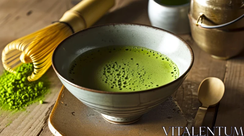 Delicious Matcha Tea in a Green Bowl | Wooden Table AI Image