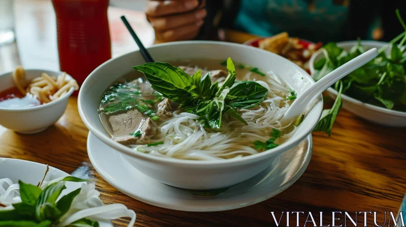 Delicious Vietnamese Pho with Fresh Basil on a Wooden Table AI Image