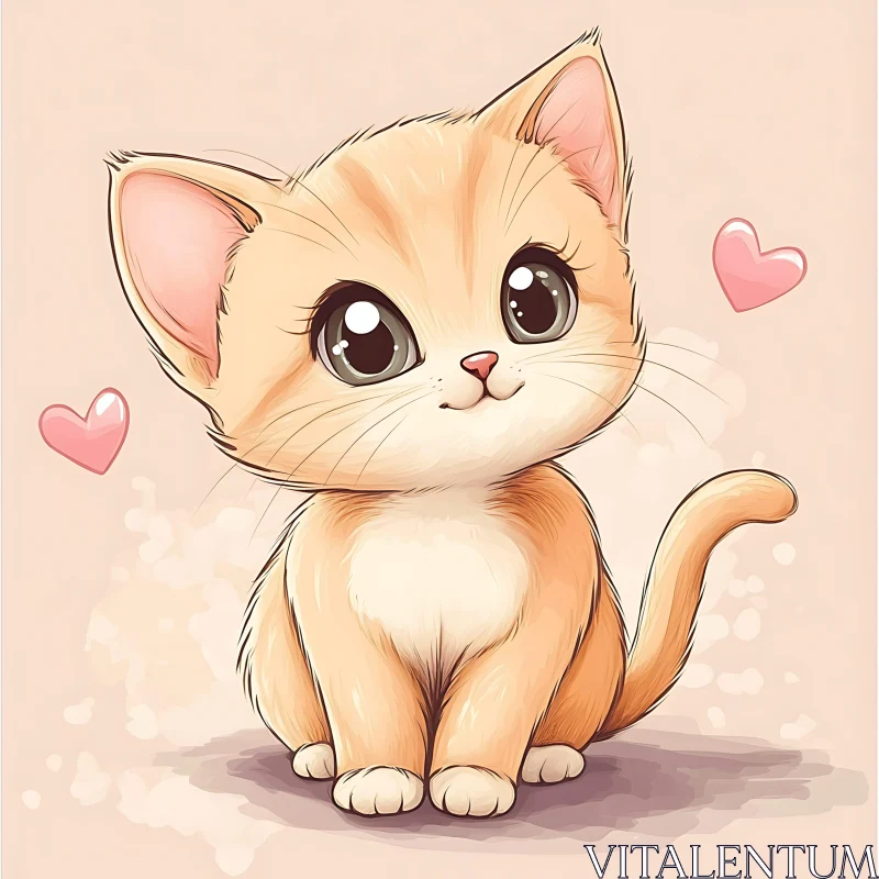 Adorable Cartoon Kitten with Hearts in Background AI Image