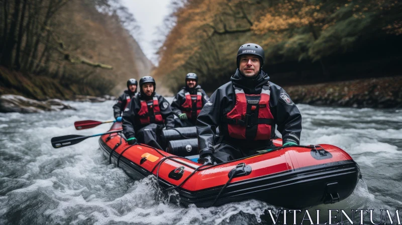 Exciting Adventure: Four Men Rafting in Red and Black Raft AI Image