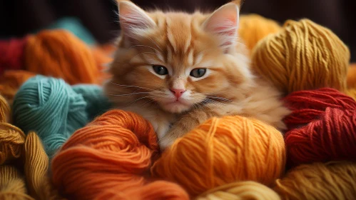 Ginger Kitten Sleeping on Colorful Yarn