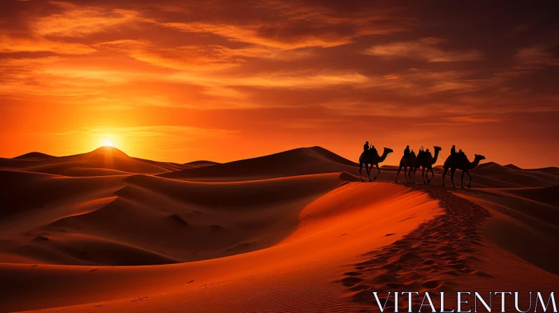 Mesmerizing Sunset Scene: Camels Crossing a Sand Desert AI Image