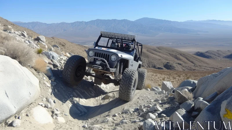 Off-road Adventure: Silver Jeep Wrangler Rock Crawling in Desert AI Image