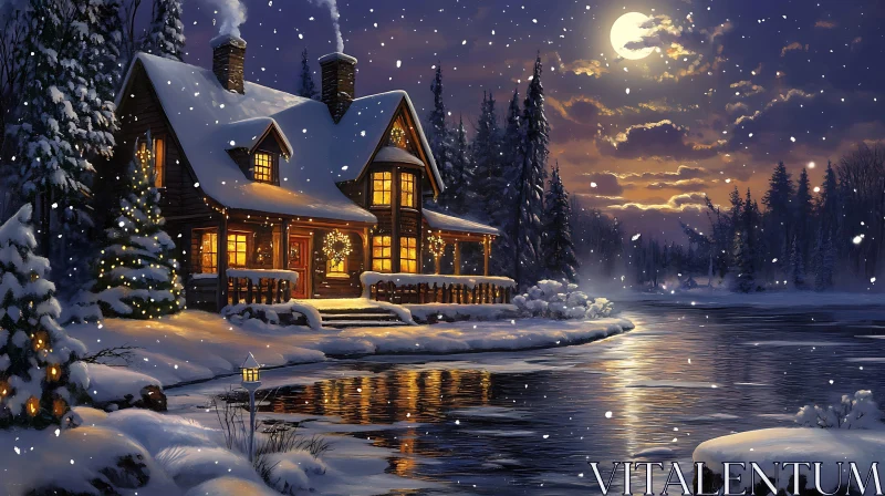 Tranquil Winter Cabin under Moonlight AI Image